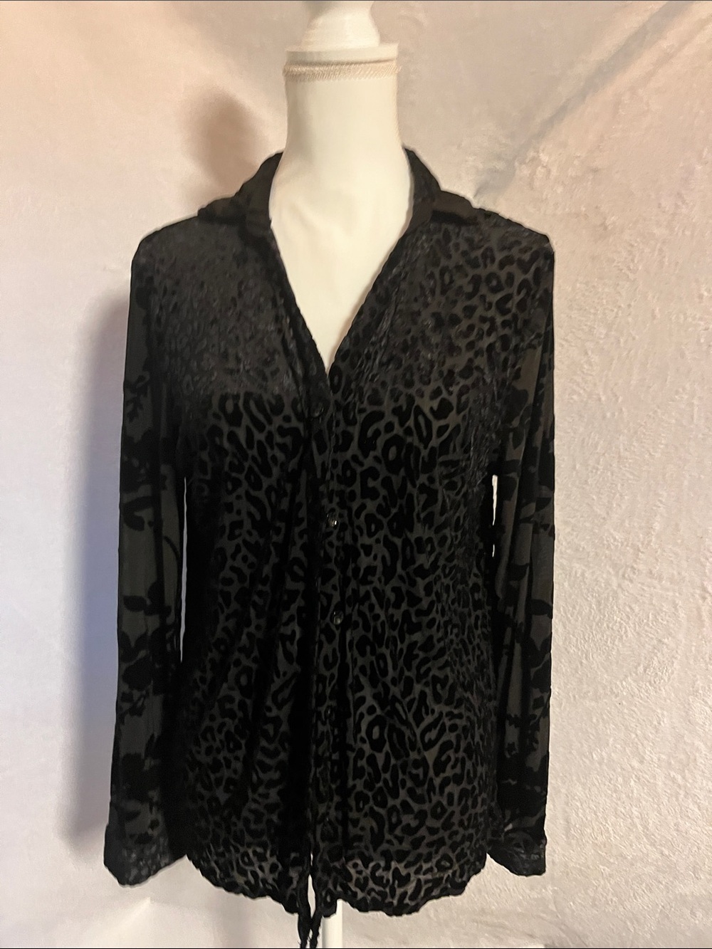 Adore Black Velvet Burnout Animal-Print Button-Down Top